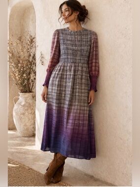 NWT Conditions Apply Purple Plaid Smocked Dress - Size Small -  Anthropologie